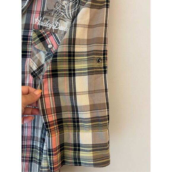VTG Y2K Harley Davidson Madras Plaid Appliqué Full Zip Shirt Jacket sz M shacket - Picture 6 of 10